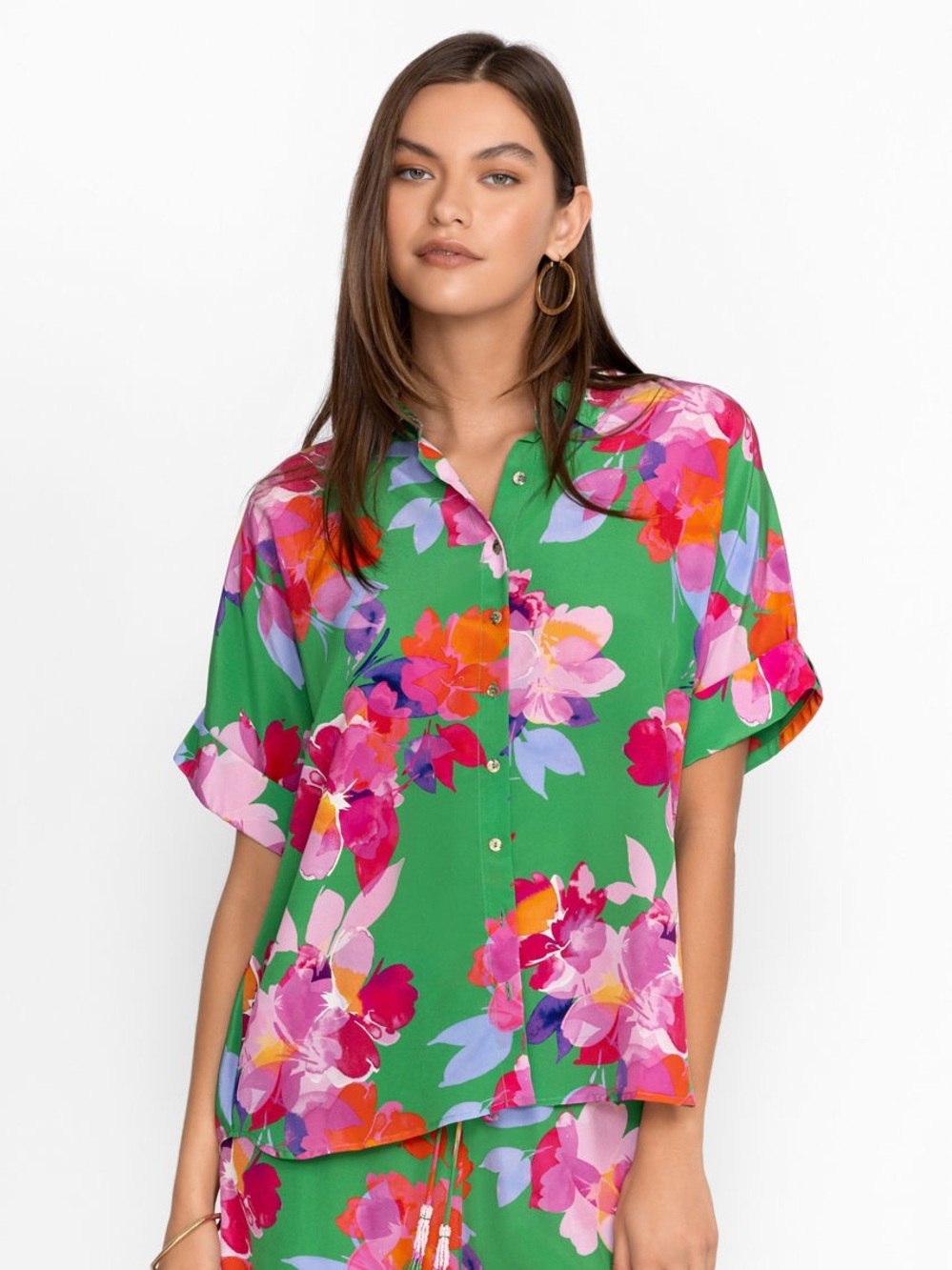 Johnny Was Nadine Silk Shirt XS Short Sleeve Button Down Vibrant Tropical Floral